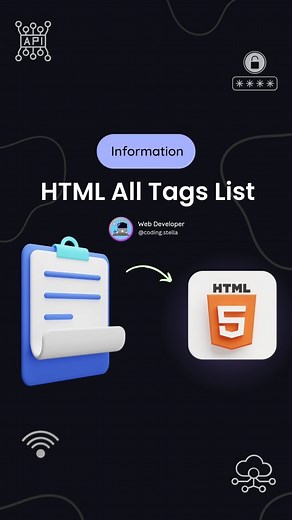 Stella • Coding • HTML • CSS • JAVASCRIPT on Instagram: "HTML all tags Lists 🤔 HTML tags are like keywords which defines that how web browser will format and display the content. With the help of tags, a web browser can distinguish between an HTML content and a simple content. HTML tags contain three main parts: opening tag, content and closing tag. But some HTML tags are unclosed tags. 🤡All HTML tags must enclosed within these brackets. 🤡Every tag in HTML perform different tasks. 🤡If you ha