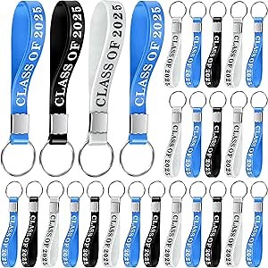 50 Pcs Class of 2025 Graduation Keychains Silicone Rubber Keyring Graduation Party Favors Gifts for Student School(White, Black, Blue)