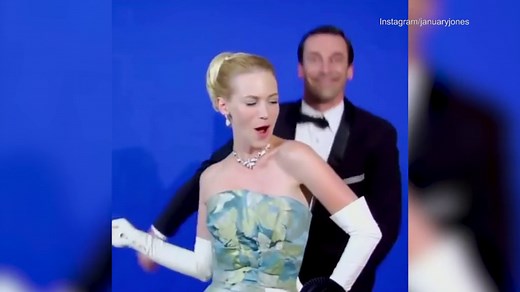 January Jones and Jon Hamm playfully perform musical classic 'Bye Bye Birdie'