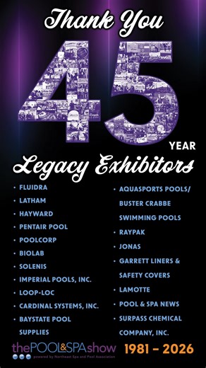 45 Years Strong! As we celebrated the 45th anniversary of the Pool & Spa Show, we’re proud to honor our Legacy Exhibitors who have been with us every single year since the beginning. Thank you Solenis , Imperial Pools Inc. , LOOP LOC SWIMMING POOL PRODUCTS , Cardinal Pools , Baystate Pool Supplies and APC , and Aquasports Pools / Buster Crabbe Swimming Pools for your continued support, partnership, and belief in this show! The Pool & Spa Show is stronger because of you! | Northeast Spa & Pool As