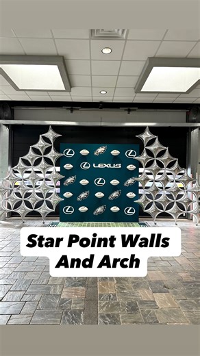 Victoria Dzierza on Instagram: "✨Corporate events don’t have to be boring Star point balloons instantly add dimension and shine! For this setup, I used @brookloon_ new 50” star points balloons to build a huge statement balloon arch, then I flanked the backdrop with tapered balloon walls made with 30” @decochampofficial star points for balance and height. Finishing it off with jumbo helium balloons and custom vinyl pulled everything together for a cohesive, high-end look. ⭐️ Star points = instant