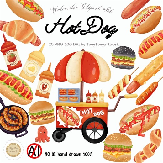 Watercolor Hot Dog Clipart Set, BBQ Food (instant Download) - Etsy UK