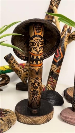 Halloween tiki creatures flower pots, pyrography patterns inspired by Polynesian and Hawaiian art