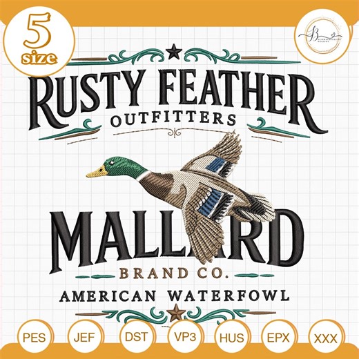 Mallard Duck Vintage Logo Embroidery File, Rustic Waterfowl Hunting Brand Style Design for Outdoor Machine Embroidery Projects - Etsy