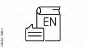 Language learning linear animation. Book and moving chat bubble. Study english. Education. Seamless loop HD video with alpha channel on transparent background. Outline motion graphic animation