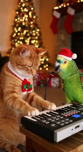 🎹🐱 Orange Cat Plays Keyboard While Parrot Sings Christmas 🎄