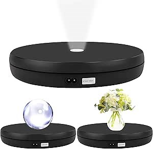 Foleto Motorized Rotating Display Stand with LED 22lb Load, 10inch/25cm 360 Degree Electric Rotating Display Stand for Display Jewelry, Product Photography (Black 10inch with led Light)