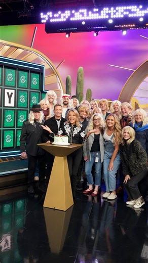 Happy birthday to our Puzzleboard Queen! 👑 Celebrating on set today with Vanna-inspired blonde wigs and her favorite cake! | Wheel of Fortune