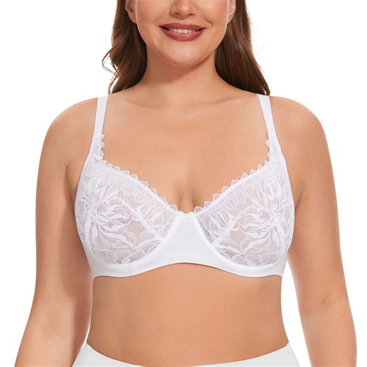 YANDW Women Minimizer Mesh Unlined Bras Plus Size Sexy Lace Full Coverage Bra Underwire No Padded, White 38H