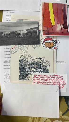 Mindful Mail Club from January ❤️🐎 🗺️ 8 members 🌟🌟🌟 What’s included -original art print from me -handmade sticker from my sister -collage materials or flat thrifted materials -monthly quote in red letters -a journal or create prompt -community Facebook page link Making Februarys snail mail today 🐌 it will be sent out at the end of January 💌 #snailmailclub #snailmail #therapeuticart #artprompt #journalprompts