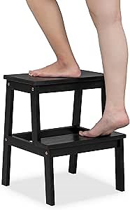 Acacia Wooden Step Stool, 2 Step for Adults, 20 Inch Tall, Waterproof, 250 lbs Heavy Duty, Stacking Chair, Kitchen Stool Steps, Closet Climbing, Black