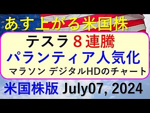米国株の株式投資。テスラが８連騰。パランティアが人気化。マラソン デジタル の株価チャート～明日上がる株米国版July 7, 2024。最新のアメリカ株価と株式投資。高配当株やデイトレ情報も