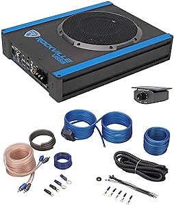Rockville USS8 8" 600W Slim Under-Seat Active Powered Car/Truck Subwoofer, 150W RMS, CEA-2006 Certified, RWK10 10-Gauge Amp Kit with 100% Copper RCA Cables, 2-Items