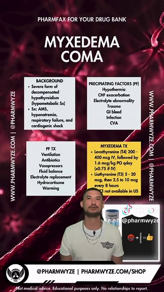 👾 (1/4) Myxedema coma is a life-threatening medical emergency characterized by severe hypothyroidism, leading to profound physical and mental impairment. Prompt recognition and treatment with thyroid hormone replacement and supportive care are crucial for patient survival in this critical condition. 🐲 Myxedema coma results in hyponatremia, cardiogenic shock, respiratory failure, and obtundation. Precipitating factors of hypothyroidism into myxedema coma are infections, exacerbations of comorbi