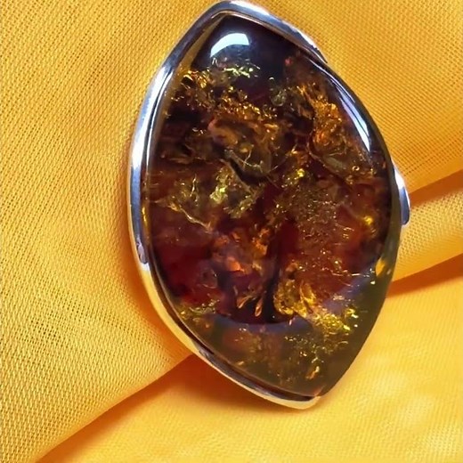 Large brooch real amber marquise shaped sterling silver