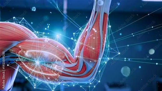 Visual representation of biceps contraction and strength measurement methods, Dynamic imaging of biceps muscle activity coupled with sensor data for biomechanics and therapy
