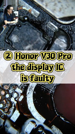 ② Honor V30 Pro: Screen not displaying. The display IC shows evidence of a previous repair attempt, but it was unsuccessful. The pads around the display IC area have missing solder points and burn marks, nearby inductors are damaged, and the screen module itself has faults.#qianli #mobilephonerepair #tool #repair #qianlirepairtools #PhoneRepair #MobileFix #TechRepair #GadgetRepair #DIYTech #RepairTools #TechTools #PhoneRepairKit #FixItTools #USTech #TechEurope #UKTech #CanadaTech #TechUSA #TechC