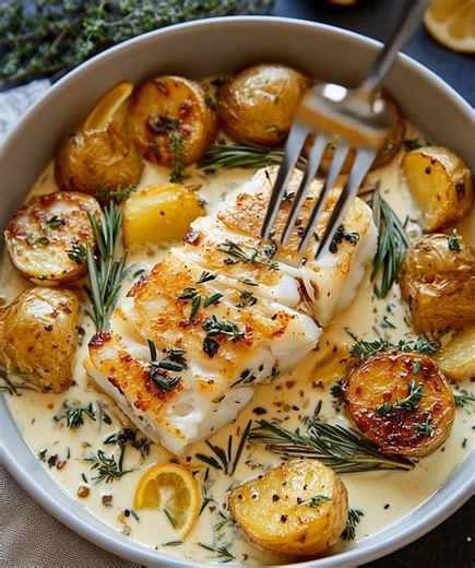 Tender Baked Cod and Yukon Potatoes in a Creamy Rosemary and Lemon Sauce - Recipe in First Coʍmеոτ 👇 Enjoy ❤️👇 | Kitchen Flavors