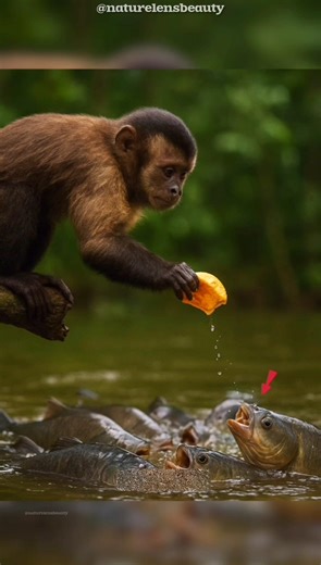 Monkeys Drop Fruits to Feed Hungry Fish! #shorts