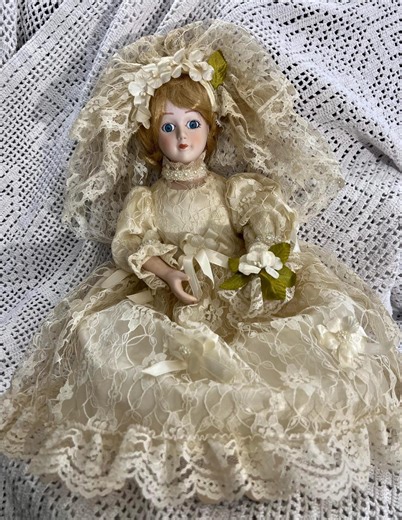 Vintage 16" Porcelain Bridal Doll in Cream Lace Dress and Pearl Accented Boots - Etsy