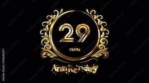 29th Anniversary Celebration. Happy 29 Years Anniversary Animation in Gold Color on the Transparent Background, Alpha Channel. Great for greetings, celebrations, events, and gifts.