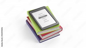 E-book reader on top of a stack of colorful books on a white background