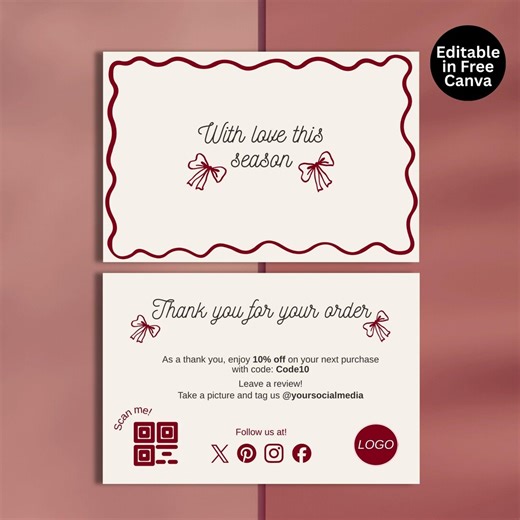 Coquette Bow Valentine Business Thank You Card Canva Template, Red Packaging Insert (QR Code) - Etsy
