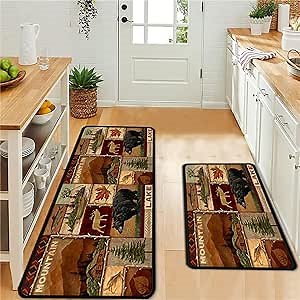 Bear Deer Cabin Kitchen Rug Set Western Rustic Woodland Kitchen Mats Set Vintage Wildlife Forest Rugs for Kitchen, 16"" x 24"" + 16"" x 48"", Style 01