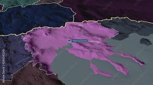 Central Macedonia - region of Greece with its capital zoomed on the administrative map of the globe. Animation 3D