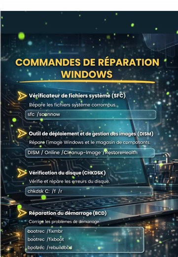 ⚙️ Répare Windows avec ces commandes ! SFC, DISM, CHKDSK : scanne et répare ton système en 1 ligne de commande. Enregistre ! #Windows #Cmd #ReparationPC #AstucesWindows #orditechzone
