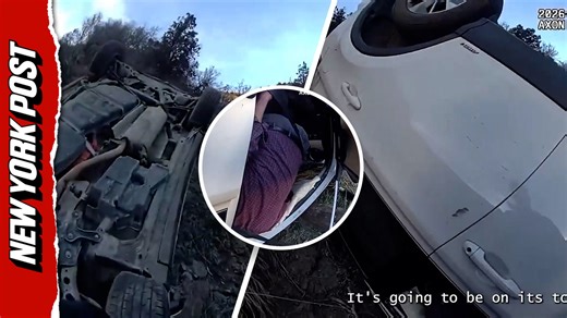 Moment hero deputy saves driver from flipped over highway car crash