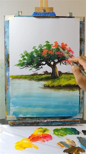 Beautiful Red Flowers on Green Tree 🌺 Easy Acrylic Painting Part 1 #shortsart