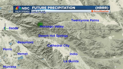 An NBC Palm Springs Weather Thunderstorm Forecast! Here's a look at the latest HRRR weather computer model run regarding SoCal precipitation timing and coverage. With mid-level moisture still in place, a few orographic lift mountain thunderstorms are possible again this afternoon. Steering currents will be out of the Southwest, so any activity which develops later today will be pushed to the Northeast. Because of this guidance, a few spill-over showers are possible for the Coachella Valley. (2/2
