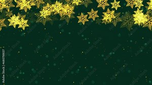 Festive winter background with animated falling snow golden yellow snowflakes border and glowing sparks on green backdrop with copy space. Decorative video animation for Christmas or New Year holiday.