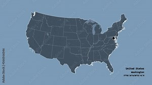 Washington, state of United States mainland, with its capital, localized, outlined and zoomed with informative overlays on a administrative map in the Stereographic projection. Animation 3D