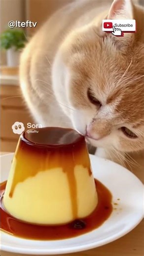 A Cat’s Dream Dessert! 🍮🐱 Adorable Kitty Licks Caramel Pudding
