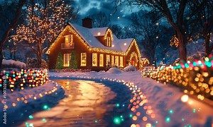Christmas lights draped across a snowy house, illuminating the night with a colorful display of holiday cheer and twinkling magic. . Video