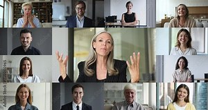 Videocall event of diverse executives, businesspeople, multiple videos collage webcam view. Middle-aged businesslady take part in videoconference to colleagues, share information, engaged in webinar