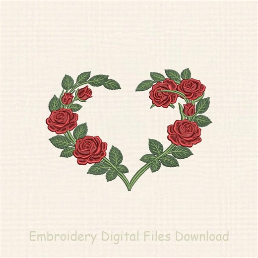 Red Rose Heart Embroidery Design, Romantic Floral Heart Shape, Valentine Love Roses, Wedding Gift, Elegant Botanical Decor