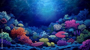 A vibrant coral reef teeming with marine life beneath the ocean's surface at night. Fantasy landscape anime or cartoon style, seamless looping 4k time-lapse virtual video animation background
