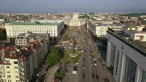 4K Aerial view of capital of Bulgaria Sofia. Three architectural and iconic buildings of the communist era. Council of Ministers presidency and party home Current Parliament building. Forward movement