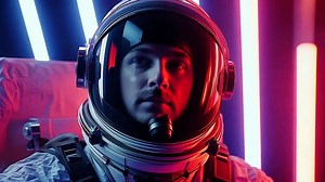 Download Close-Up of Astronaut Gazing into Space with Futuristic Neon Glow, Representing the Spirit of Adventure and the Quest Beyond Earth, Mystery of Space Exploration and Human Curiosity for free