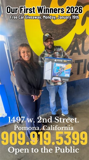 𝐂𝐚𝐥𝐢 𝐀𝐮𝐭𝐨 𝐀𝐮𝐜𝐭𝐢𝐨𝐧 𝐏𝐨𝐦𝐨𝐧𝐚 on Instagram: "Our first winners of 2026 free raffle. You aswell could be a winner. Join us at our auction 1497 w. 2nd Street. Pomona, California. Auction, open to the public for more information you aswell call our office 909.919.5399"