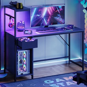 Bestier 48-Inch LED Gaming Desk with Adjustable Shelf and Storage Drawer, Black