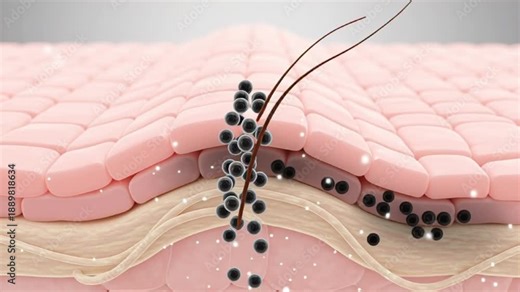 3D Microscopic View of Melanin Production by Melanocyte Cell in Skin Layers