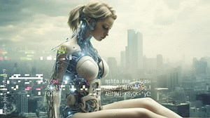 technology female robot cyborg in dystopian cityscape made with AI generative art
