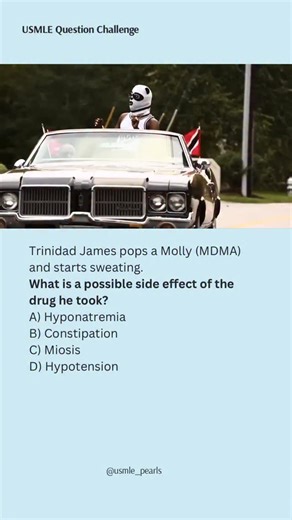 USMLE High-Yield Questions on Instagram: "Bro popped one tab and turned the dance floor into a sauna 😭💃 The real side effect wasn’t the drip — it was what came after 💀 ⸻ 🧠 Explanation MDMA (Ecstasy / Molly) massively increases serotonin, norepinephrine, and dopamine release. → causes euphoria, hyperthermia, sweating, and water retention from excess ADH secretion. This can lead to dangerous hyponatremia, confusion, or seizures — especially if users drink excessive water while partying. Why ot