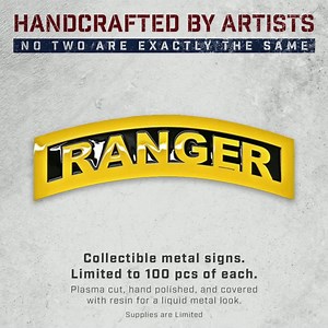 1.5K views · 21 reactions | Check out our collection of hand-made metal signs. No two are exactly the same and each is created by an artist. Each work is numbered and are limited to 100 pieces. They’re plasma cut, hand polished and covered with clear resin for a liquid metal look. SHOP HERE: https://tinyurl.com/bd5zp55b | Ranger Up Military and MMA Apparel | Facebook