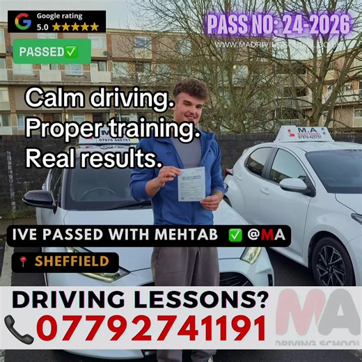 PASS NO. 24 OF 2026 ✅ Sheffield test = PASSED 💪 Huge well done passing with Mehtab @ MA Driving School 👏 Calm driving. Proper training. Real results. 📍 Sheffield 📞 07792 741191 #SheffieldLearners #SheffieldDriving #DrivingTestPass #UKLearner #LearnWithMA