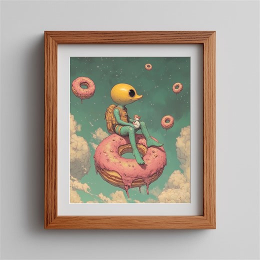 Alien Riding Donut Art Print – Playful Surreal Cartoon (digital Download) - Etsy